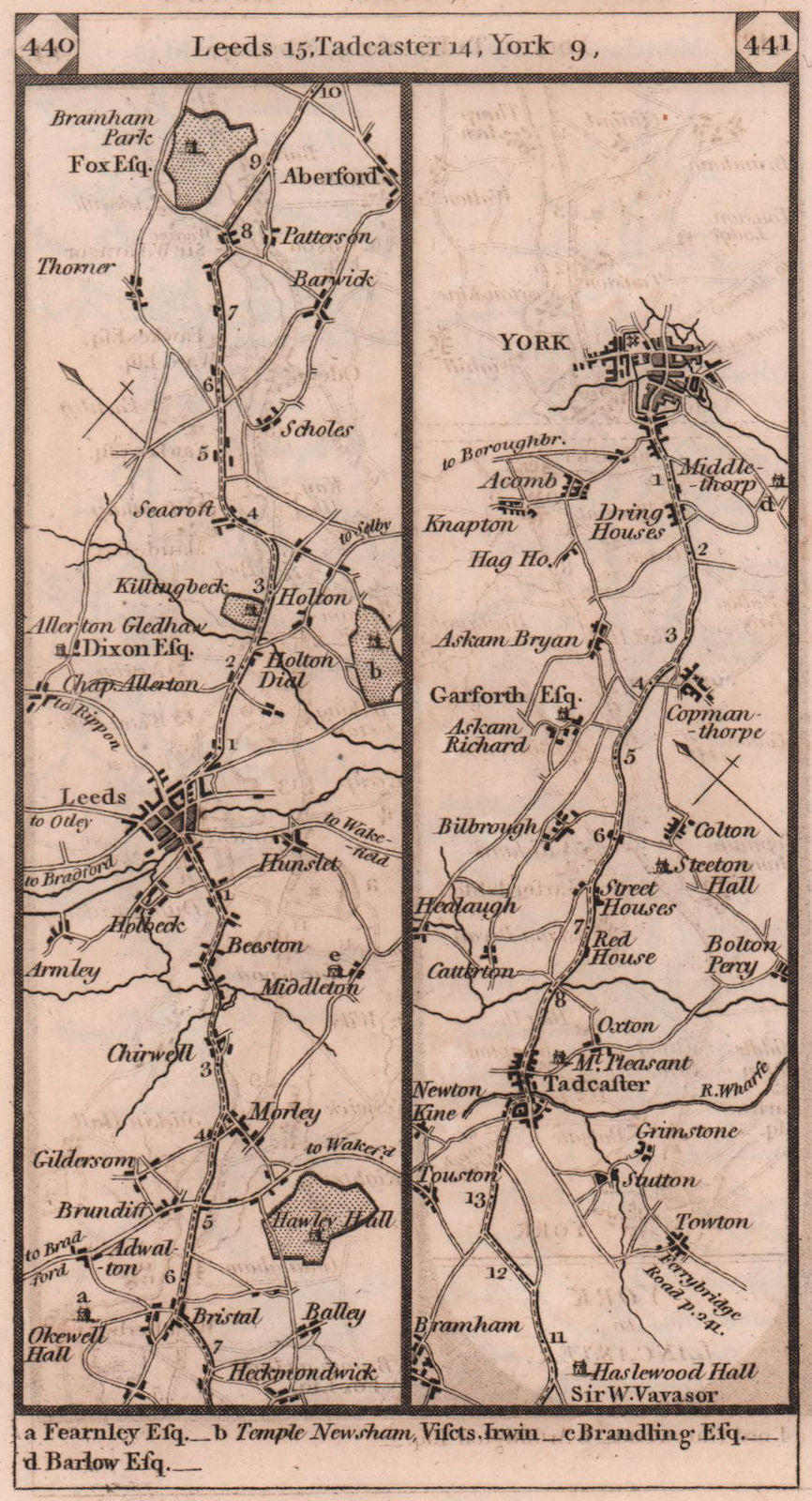 Morley - Leeds - Tadcaster - York road strip map PATERSON 1803 old antique